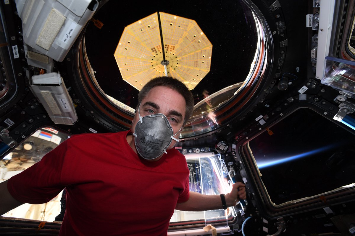 Masked up on @Space_Station! Training myself for my new reality when I get home on Wednesday.