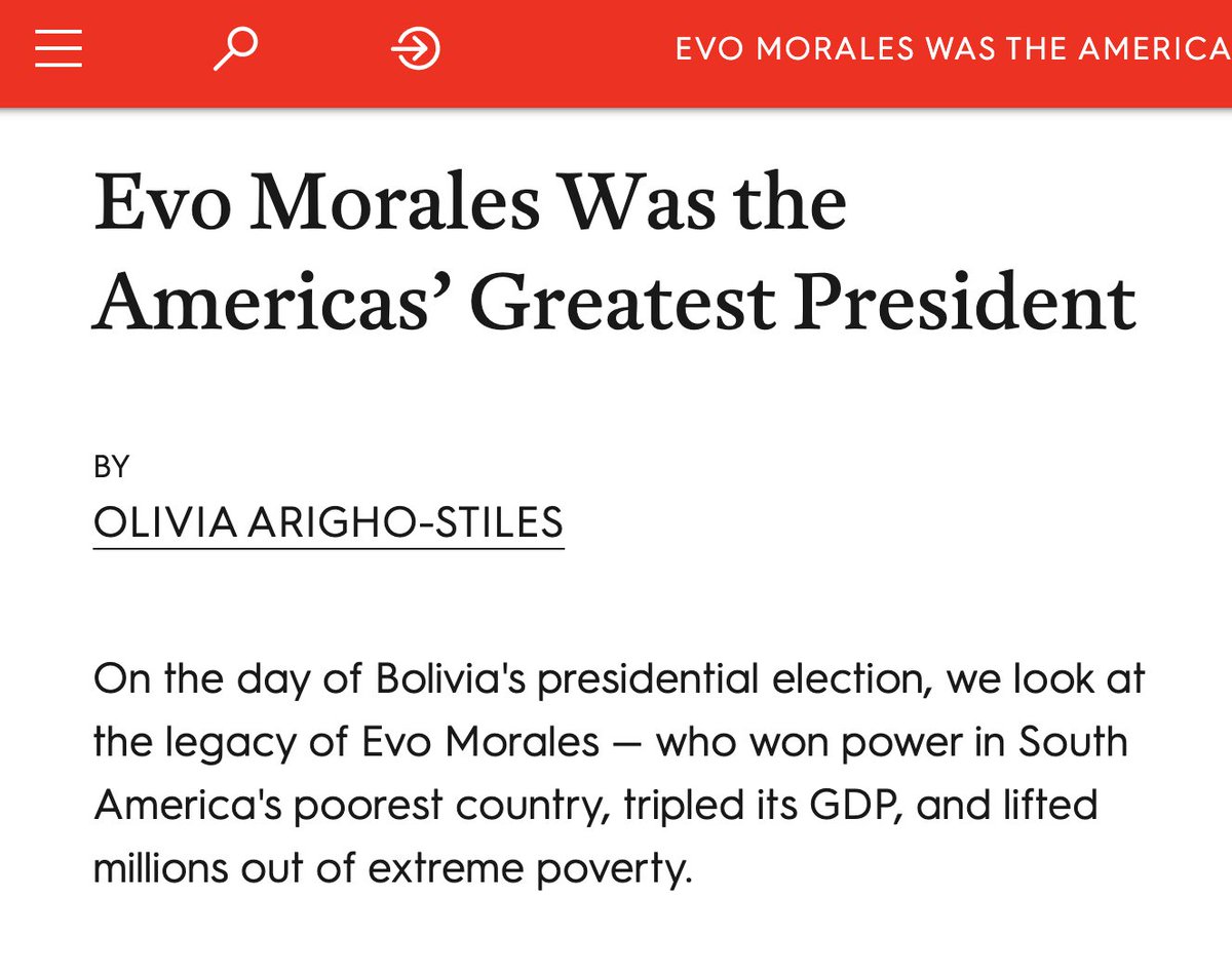 Jacobin hailed Evo Morales as the Americas' "greatest president" today, praising his record of poverty elimination.That overdone headline strongly contrasts Jacobin's past coverage of Morales, which portrayed him as a failure & conservative who had betrayed the socialist cause.