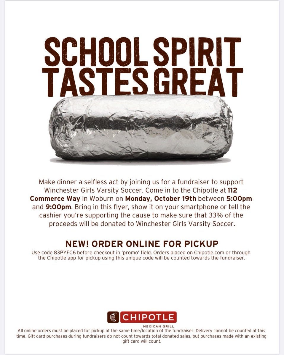 WGVS_01890's tweet photo. 🌯 You gotta eat right? Why not help us raise some money at the same time. TONIGHT!!!!#EverybodyWINS @dtcsports @Winch_Athletics @Ml12Athletics @EMGSCA @ChipotleTweets https://t.co/yjrOKxsa4A