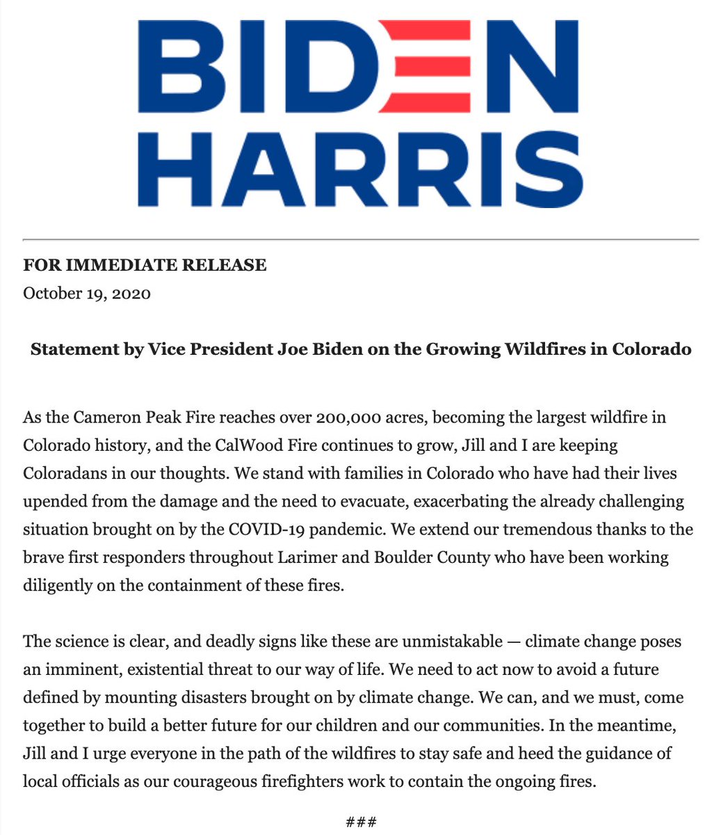 Statement from former VP Joe Biden on the Cameron Peak Fire: "Jill and I urge everyone in the path of the wildfires to stay safe and heed the guidance of local officials as our courageous firefighters work to contain the ongoing fires." @COTimesRecorder #copol https://t.co/c0CHFTgR7U