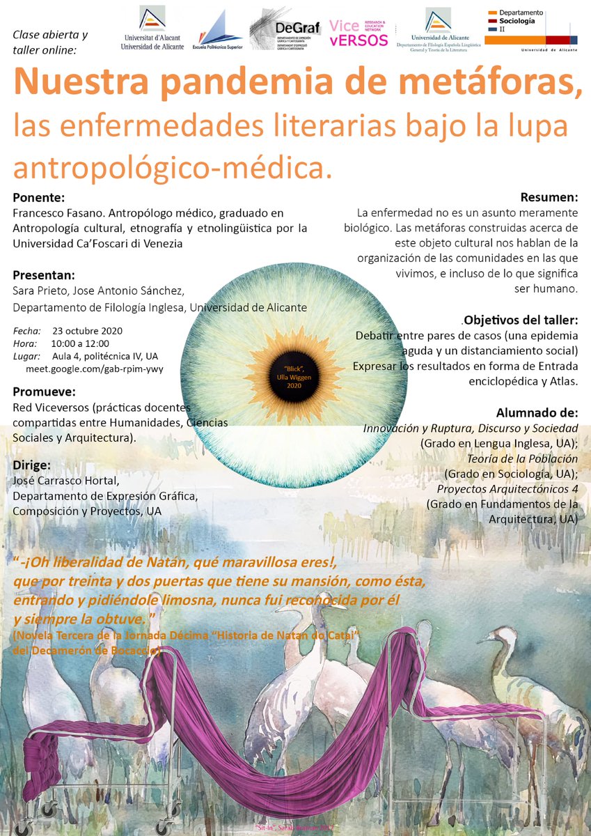 sociologia2ua's tweet photo. El próximo 23 de octubre, la Red docente #Viceversos, en la que colabora personal de nuestro departamento, lanza este evento entre lo literario, lo médico y lo visual.

Con formato de clase abierta y taller online, y participación del alumnado de #Sociología. ¡Imperdible! https://t.co/7JiJLNlxmt