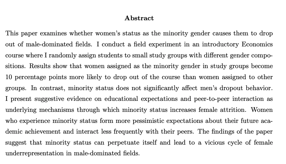 Xiaoyue ShanJMP: "Does Minority Status Drive Women Out Of Male-Dominated Fields?"Website:  https://sites.google.com/view/xiaoyueshan