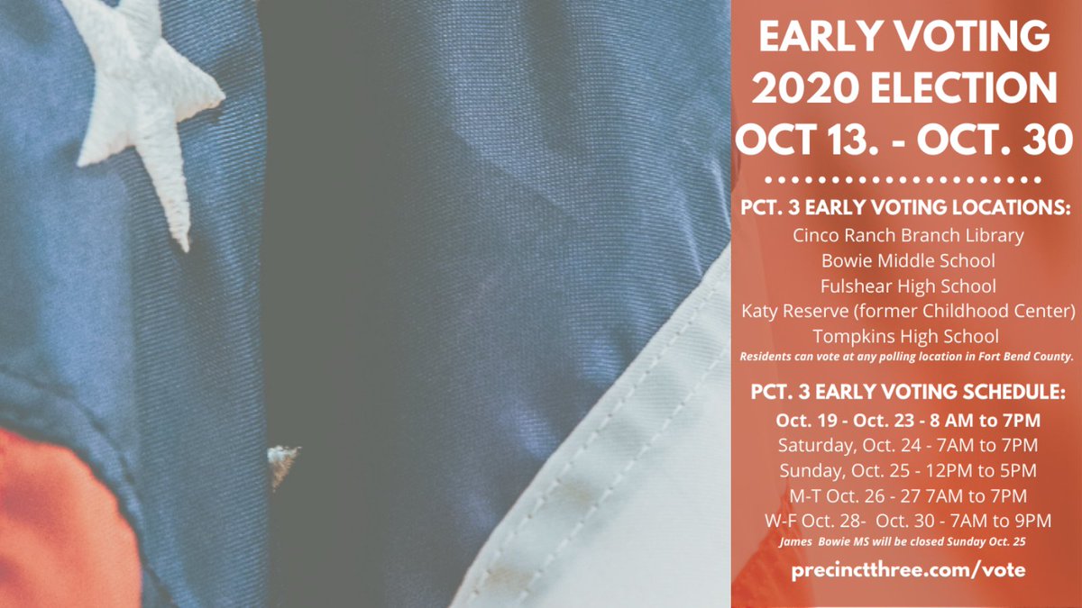 FBCCommPct3's tweet photo. #Elections2020 Early Voting updates for Fort Bend County Precinct 3: 
https://t.co/wyWQPT0mEY https://t.co/XpVY7IiAwh