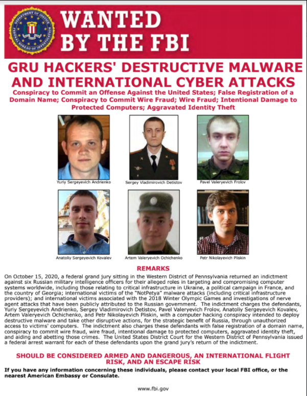 Here are the six men charged. (You might recognize Kovalev from 2018, when he was charged along with 11 other GRU agents re: US election interference—he hacked US State Boards of Election. This indictment adds he also helped hack the 2017 campaign of France's President Macron)