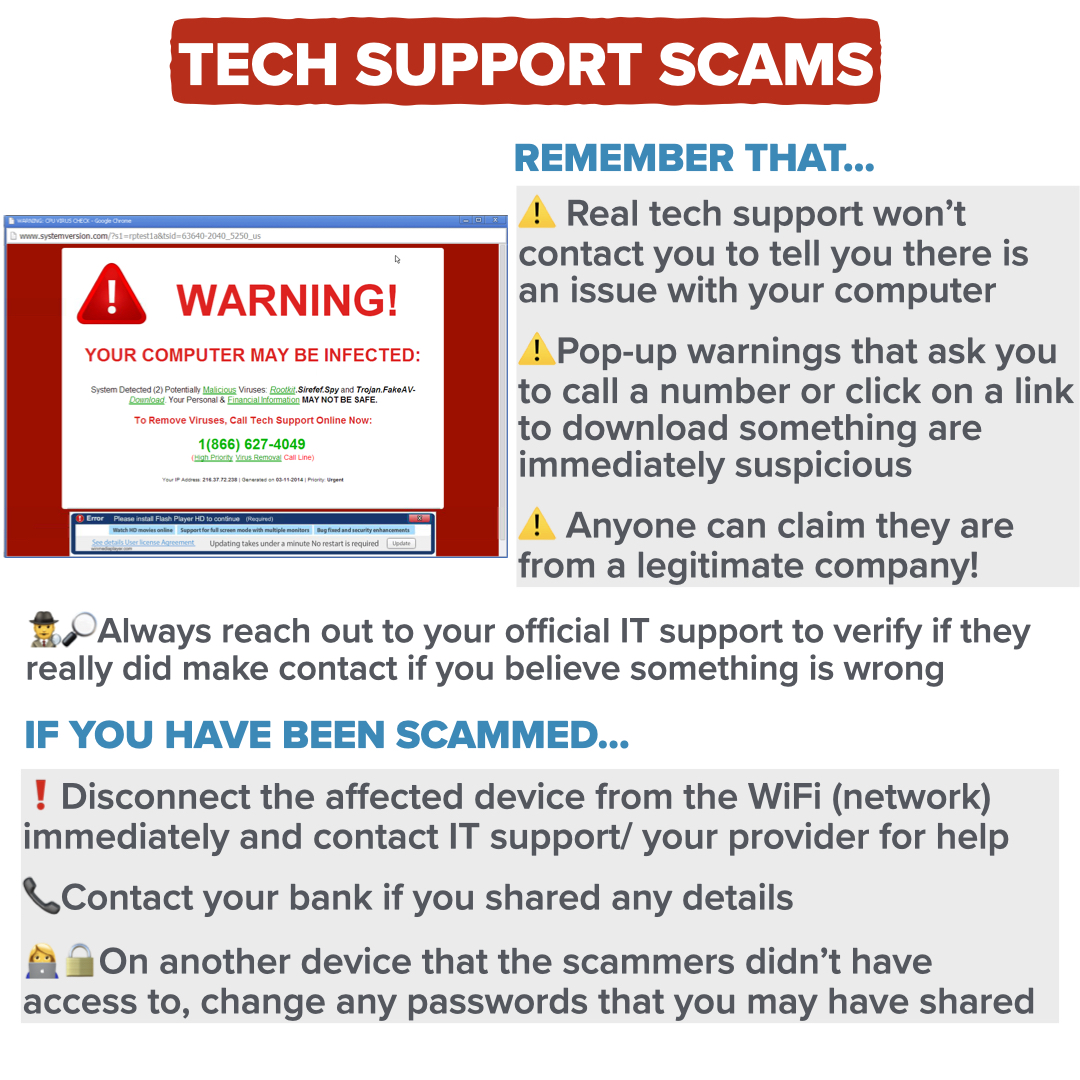 #CyberSecurityAwarenessMonth Some scammers pretend to be tech support (e.g. WiFi) &amp; ask for remote control of your device/ask you to call a premium rate number and steal your money💰 A common tactic is scaring the user to believe there is a serious problem that must be fixed now