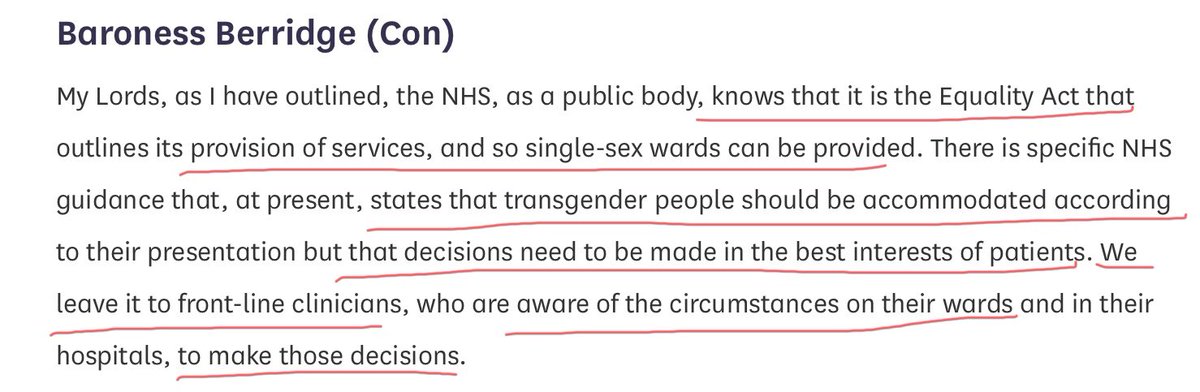 Here the Baroness is staring that current guidance, in the NHS, allows accommodation according to Gender “presentation”. Not even a mention of a GRC. The NHS guidance is all over the place and they can’t be trusted. Most Trusts are  #Stonewalled.