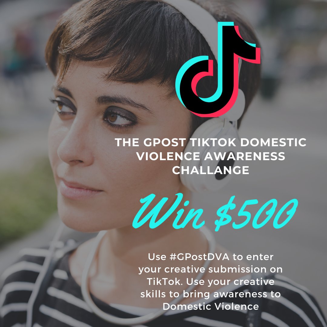 Official_GPost's tweet photo. You could WIN $500! Use your creative talents for a good cause. Get the details at: https://t.co/vVPnIEsHvZ
#GPostDVA #TikTokChallenges #DomesticViolenceAwareness #GPostApp #PersonalSafetyApp #PersonalPanicButton https://t.co/m07bglq54V