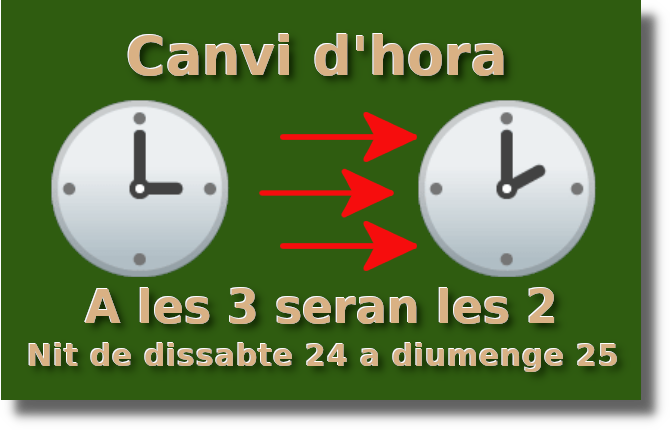 AjuntamentSueca's tweet photo. ⏳ El canvi d'hora de tardor es durà a terme la nit del pròxim dissabte a diumenge.
⏳ ⌚ Els rellotges hauran de retardar-se una hora per a entrar en l'horari d'hivern. Així, el dia aclarirà i fosquejarà una hora abans. https://t.co/V1ncnG4aIX
