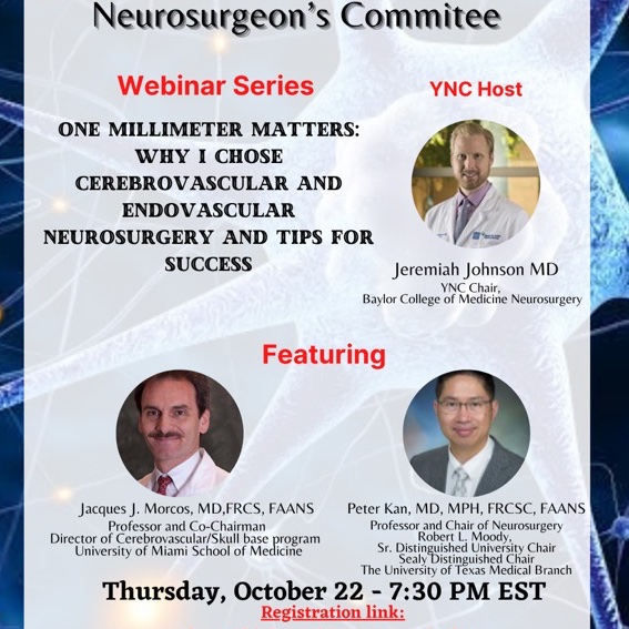 Join the YNC Webinar this week with featured guests <a href="/jacquesmorcosmd/">Jacques Morcos MD FRCS FAANS</a> and <a href="/PeterKa80460001/">Peter Kan</a> discussing why they chose careers in cerebrovascular and endovascular #Neurosurgery (and you should too)! THURSDAY October 22nd, 7:30PM EST

Register Here: bit.ly/WebinarYNC_epi…

<a href="/NREFORG/">NREF</a>