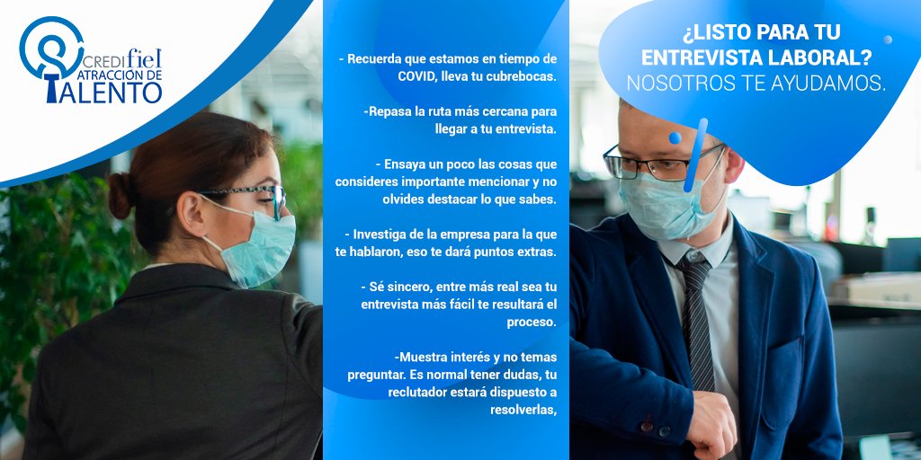 TalentoCF's tweet image. #CREDIfiel
Te damos algunos #tips para tu búsqueda de empleo, recuerda que hoy en día todo es diferente, incluyendo las entrevistas y las áreas de atracción de talento de las organizaciones deben adoptar medidas para el cuidado tanto del personal como de los visitantes externos..