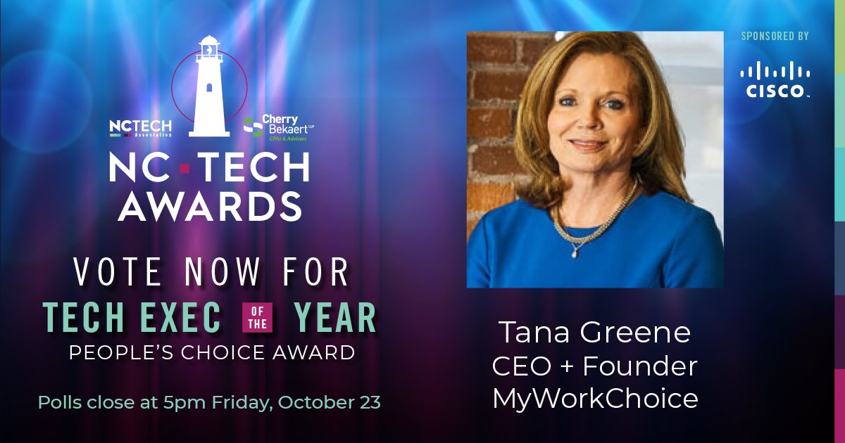 MyWorkChoice's tweet photo. Please help us in recognizing our CEO @tanagreene as NC Tech Exec of the Year! Her talent and dedication has brought technology to the forefront of workforce management. You can vote up to once per day using this link: https://t.co/AUQ5Dia84W https://t.co/1rT3iWN6ai