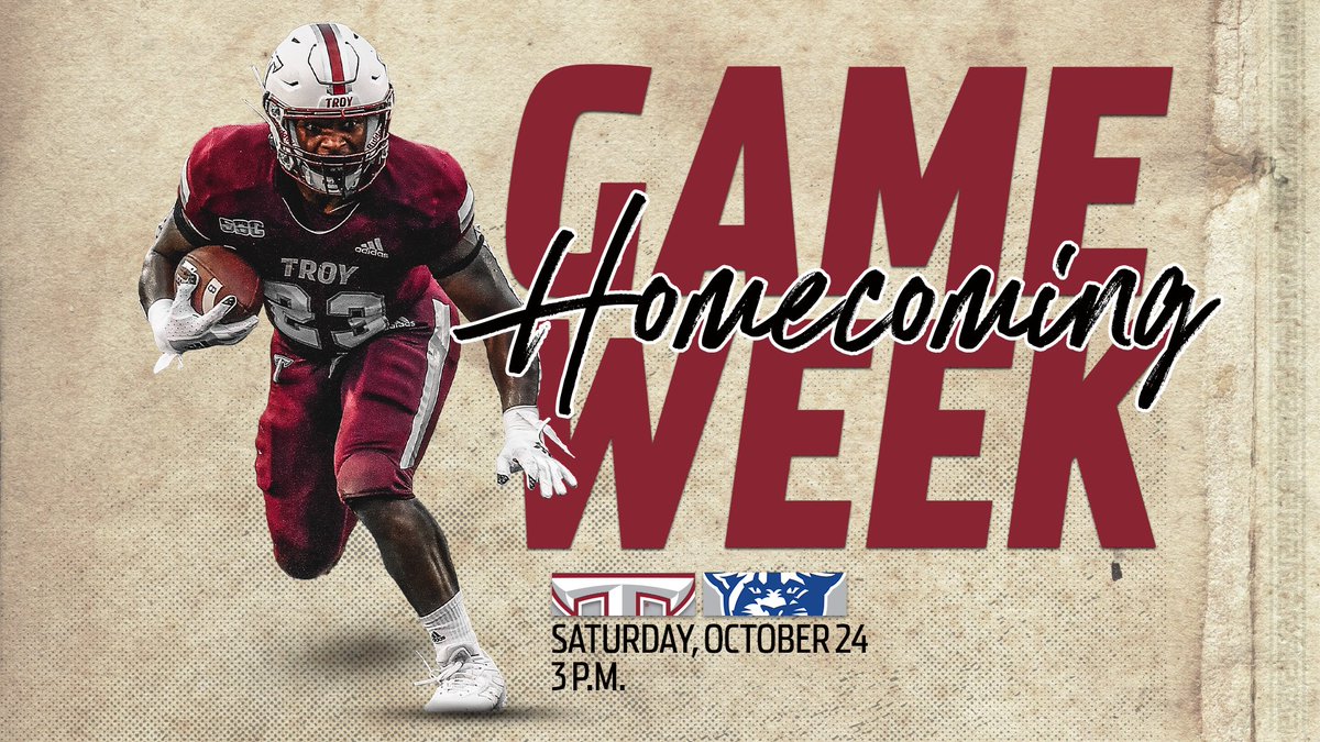 TroyTrojansFB's tweet photo. Homecoming Week

📍 Troy, Ala.
🏟 The Vet
⏰ 3 p.m.
📺 ESPNU
🎟 - https://t.co/uD65BrnJ9C

#DTW | #OneTROY ⚔️🏈 https://t.co/eBi3mghcqC