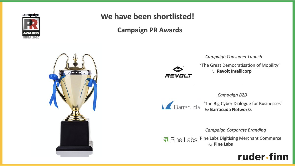 Proud to announce we have been shortlisted in 
<a href="/Campaign_India/">Campaign India</a> PR Awards!
Proud Clients. Proud Teams.
<a href="/barracuda/">Barracuda Networks</a>, <a href="/RevoltMotorsIN/">Revolt Motors</a>, <a href="/PineLabs/">Pine Labs</a>
 #LifeatRF #RuderFinnIndia
<a href="/atulogical/">Atul Sharma</a> <a href="/radhikammehta/">Radhika</a> <a href="/shiprasingh_79/">Shipra Singh</a>