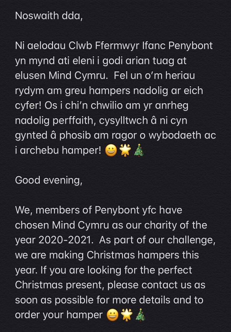 CFfI Penybont YFC (@cffipenybontyfc) on Twitter photo Chwilio am hamper dolig? Cysylltwch â Cffi Penybont! 🎁🎄
Looking for a Christmas hamper? Contact Penybont Yfc! 🎁🎄 Chwilio am hamper dolig? Cysylltwch â Cffi Penybont! 🎁🎄
Looking for a Christmas hamper? Contact Penybont Yfc! 🎁🎄