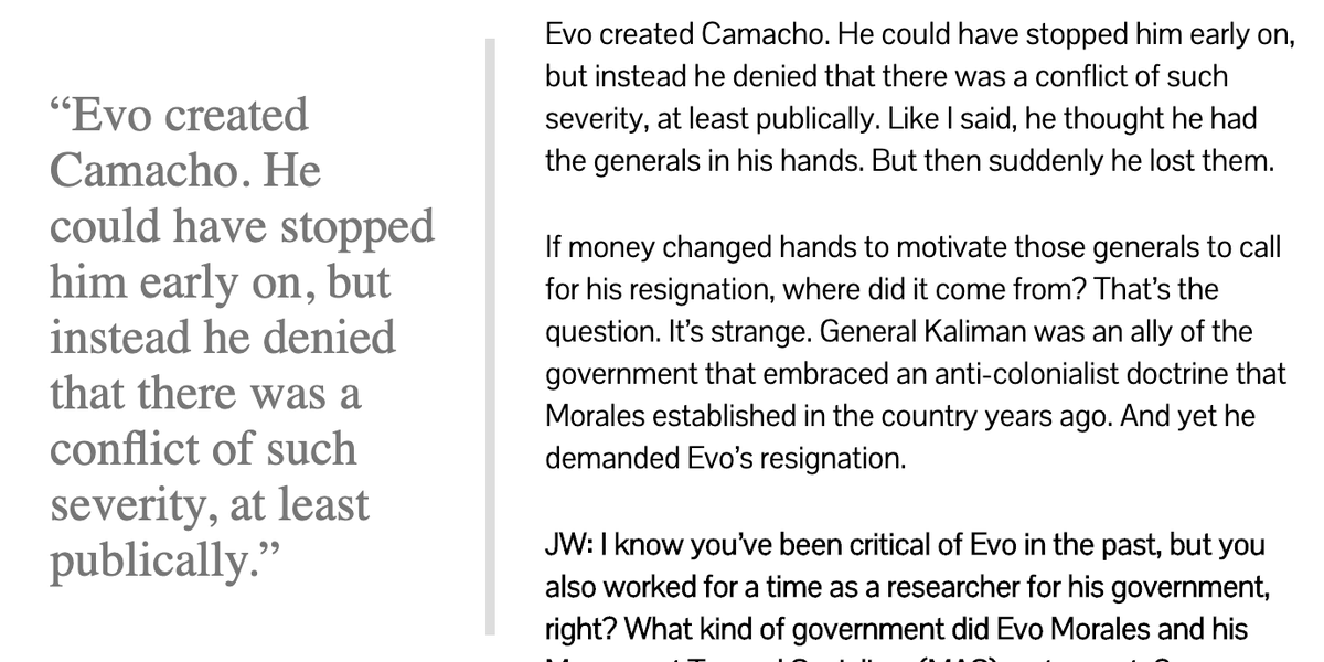 . @NACLA has been a base for sneering academic condescension toward Venezuela, Nicaragua, and Bolivia. Days after the coup, it ran this Q&A attacking Evo for correctly declaring victory & blamed him for "creating" far-right putschist Luis Camacho.  https://nacla.org/news/2019/11/13/bolivia-path-camacho-interview-morales