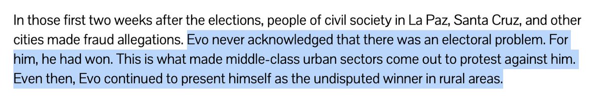 . @NACLA has been a base for sneering academic condescension toward Venezuela, Nicaragua, and Bolivia. Days after the coup, it ran this Q&A attacking Evo for correctly declaring victory & blamed him for "creating" far-right putschist Luis Camacho.  https://nacla.org/news/2019/11/13/bolivia-path-camacho-interview-morales