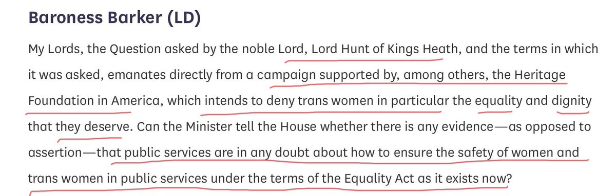 Baroness Barker spouting TRA talking points. Early women’s orgs are grass roots, left wing, trade unions funded by small donations. Latterly women from the Conservative Party, LibDems, Greens and Labour have also spoken up. Barking? disingenuous? Or deliberate smear?