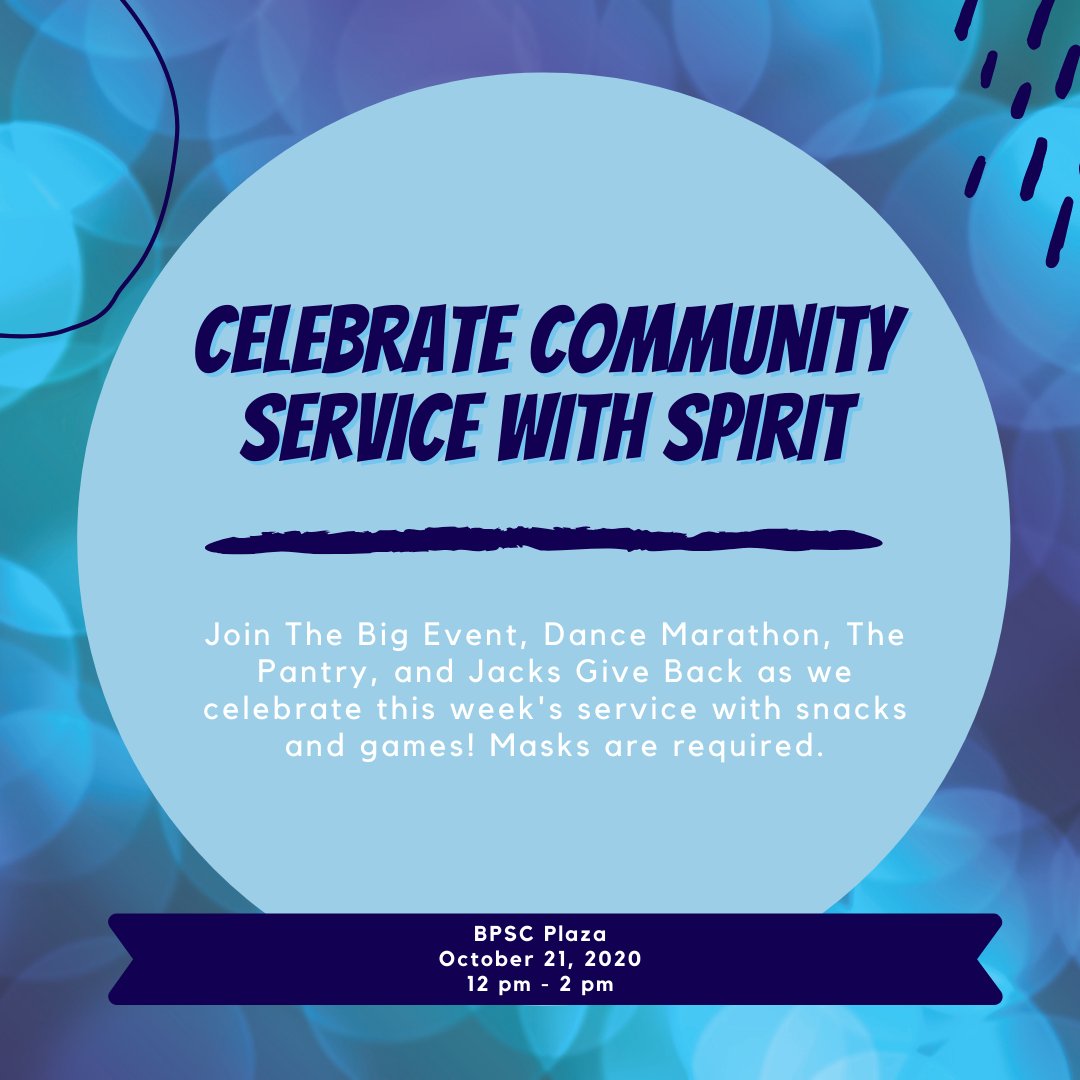 This Wednesday, join <a href="/SFATheBIGEvent/">The BIG Event</a> <a href="/SFAmarathon/">SFA Dance Marathon</a> as we celebrate community service through games and more service opportunities! Masks are required, donations are welcome! #SpiritServiceWeek