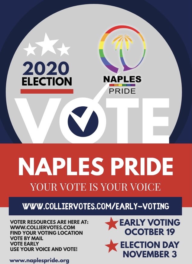 PrideNaples's tweet photo. Your Vote is Your Voice!
🏳️‍🌈 
#lgbt #colliercounty #naplesflorida #naples #naplesfl #naplesbeach #naplespride #rainbow #loveislove #support #community #gay #lesbian #bisexual  #transgender #pride #love #vote #gaypride #lgbtq🌈 #queer #ally #lgbtcommunity #lgbtpride #vote2020 https://t.co/tKvF33a6ct