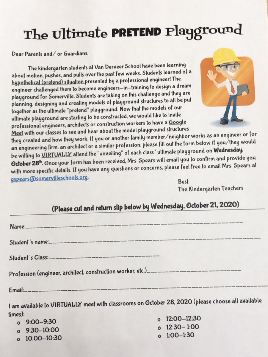 Kindergarten is still looking for some engineers, architects, construction workers, parks workers or similar profession to virtually attend our Ultimate Playground reveal. Please email me if you are interested! #iteachk #allin4theville