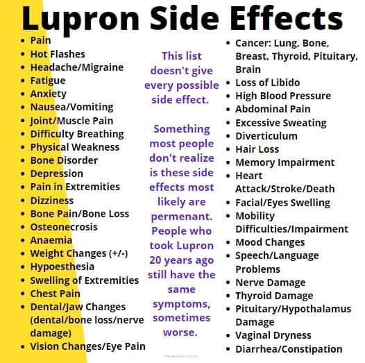 Posted to a Lupron victims support group. The comments are filled with people saying they've experienced nearly all of them, even still do a decade later.Lupron is poison  not a harmless "puberty blocker" for children. #SexNotGender  #Lupron