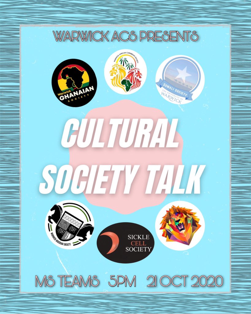 Nigerian, Ghanaian, East African, Somali &amp; Sickle Cell Society will be joining us for our Cultural Societies Talk to discuss more about their society and country’s history. Make sure to join us at 5pm on Wednesday 21st October to learn, vibe and appreciate different cultures🥳🤩