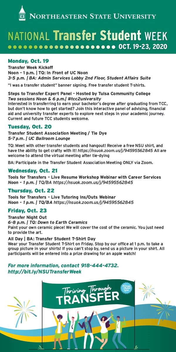 National Transfer Student Week 
Oct. 19 - 23
Check NSU Email for Details

TODAY! Free Transfer Shirt &amp; Sign Our Transfer Banner

Student Affairs Suite | 2nd Floor
Admin Services Bldg.
3-5 PM | TODAY