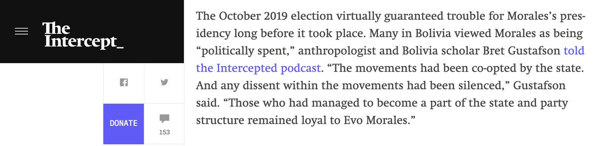 In the days after last year's coup,  @intercepted played host to familiar academic criticism of Evo and deployed the "extractivism" critique favored by Western-backed NGOs like Rios De Pie, which helped set the stage for the coup.