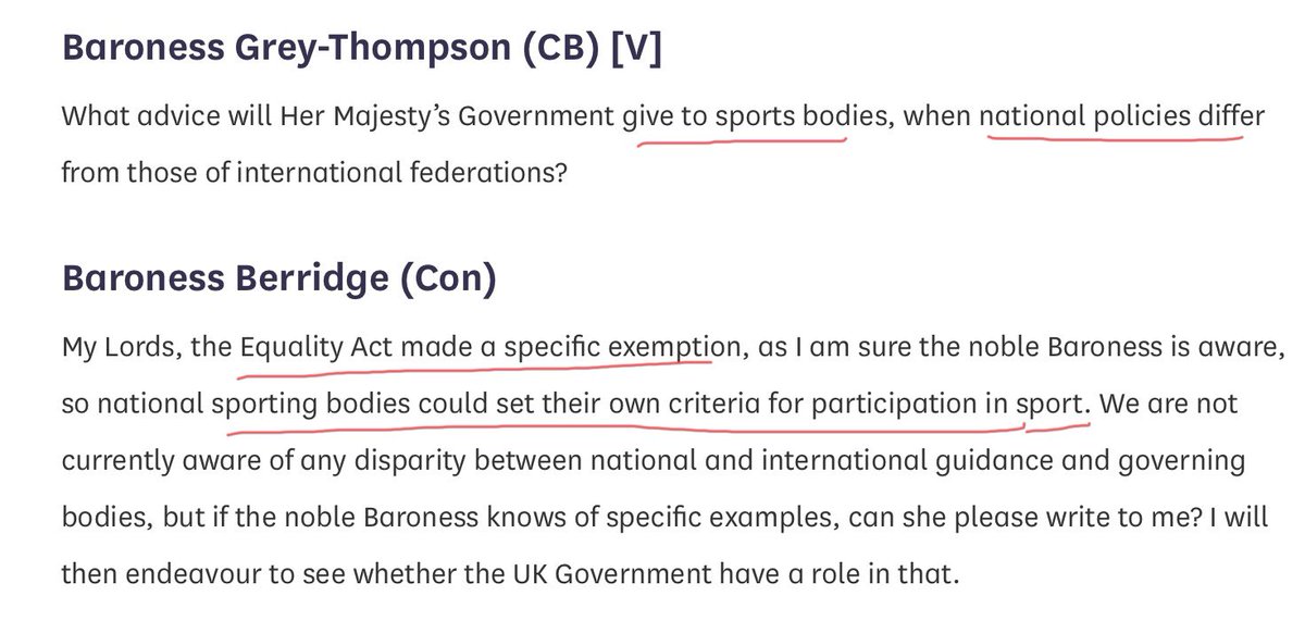 Thank you Baroness Thompson. This allowed Baroness Berridge to demonstrate her utter contempt for women and in particular women in sport. Sporting bodies, for the most part, cannot be trusted to set their own rules. This will *destroy* women’s sport.