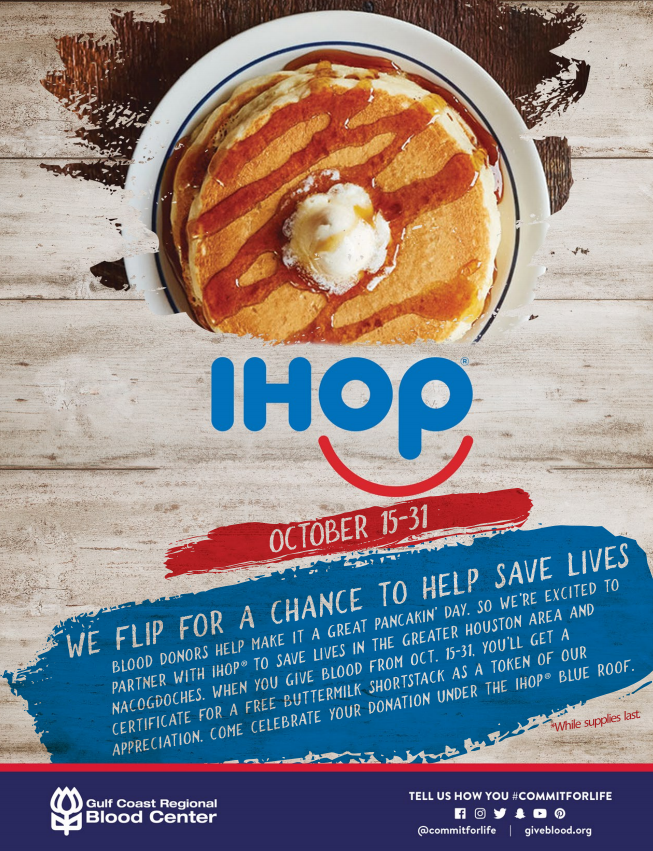 On Thursday, donate blood to save 3 lives AND receive a coupon for a FREE short stack at IHOP! We will be in Regent Suite A and B from 11 am to 7 pm. Our goal is 65 successful donations! Sign up here: commitforlife.org/donor/schedule… #SpiritServiceWeek
