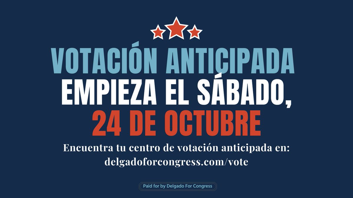 Early voting begins this Saturday, October 24th, are you ready? Find your polling place at delgadoforcongress.com/vote #NY19

Should you have any questions, contact the NYDLC Statewide Voter Assistance Hotline at 855-895-2667