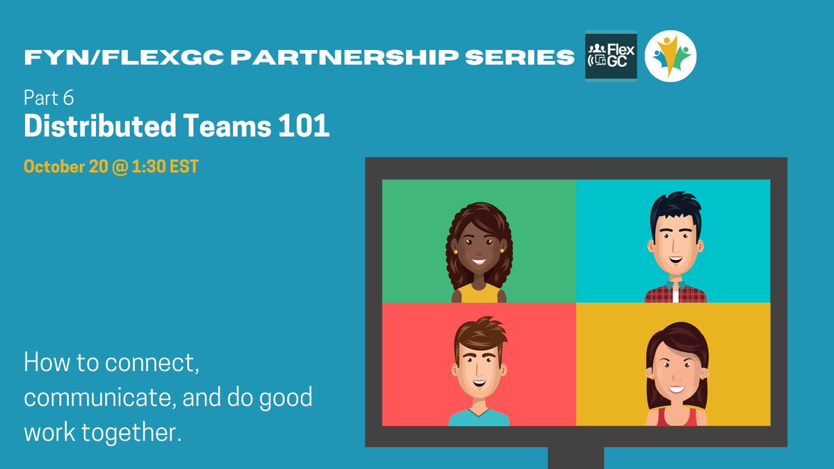 Distributed Teams 101 - tomorrow on #FYNvirtual.  The final installment of our fall partnership series with @FlexGCInfo.  Don't miss it!  @PoltheWanderer  and @IAM_SuperChris #wfh #DistributedTeams

wiki.gccollab.ca/FYN_Virtual_Le…