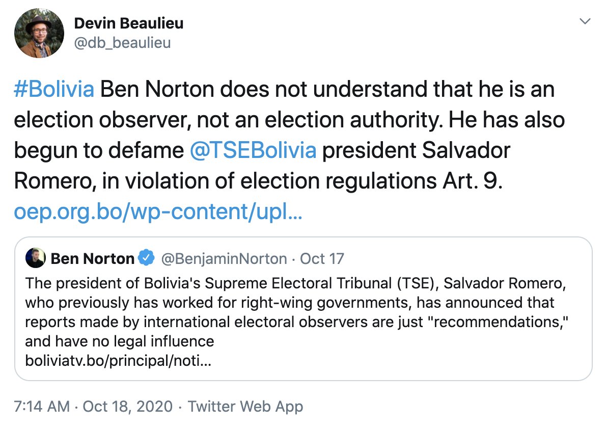 As Bolivia's far-right Interior Minister Murillo incited against our  @codepink delegation this week, touching off a wave of death threats, this US anthropolo-snitch begged the authorities to take action against us. He has also justified last year's coup.  https://twitter.com/RodericDay/status/1316139527422070792