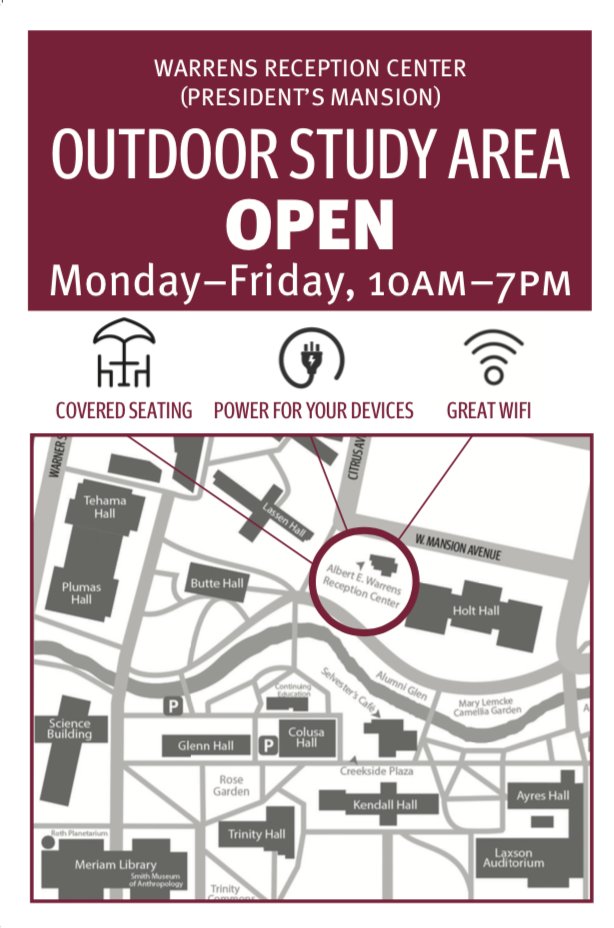 Study space is OPEN on campus! Wifi, study space, plugs for powering our devices are available!  Mask up, come by, and check it out! Anyone is welcome! &lt;3
