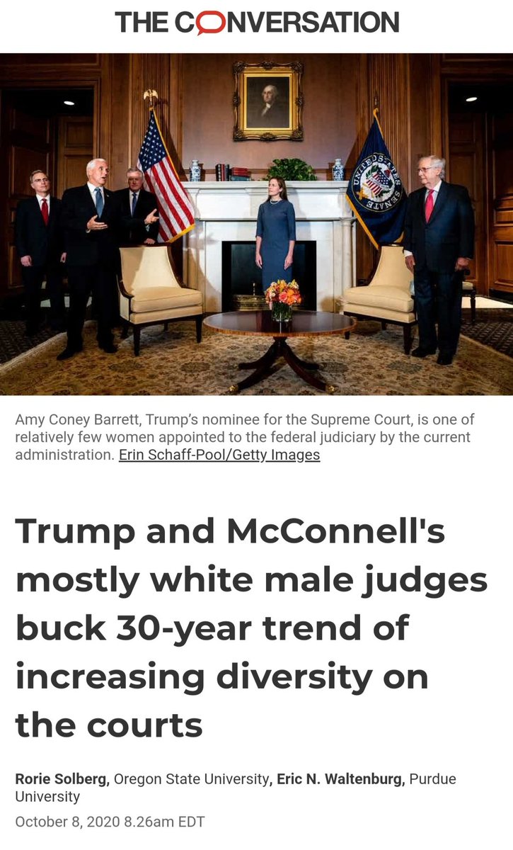 Let's talk about Article III Federal Judges. There have been ~ 3,427 judges since 1789, but only 224/6.5% have been Black. Currently 146/870 authorized judgeships are filled by Black judges (16.8%). Trump has reversed gains by appointing ZERO Black judges to the court of appeals.