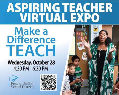 Join us for our Virtual Aspiring Teacher Expo on Wednesday, October 28th from 4:30pm-6:30pm! You'll have a chance to learn about our district's teacher pipeline programs and college and credential programs!. Scan the QR code or click this link to sign up: tinyurl.com/expofall2020