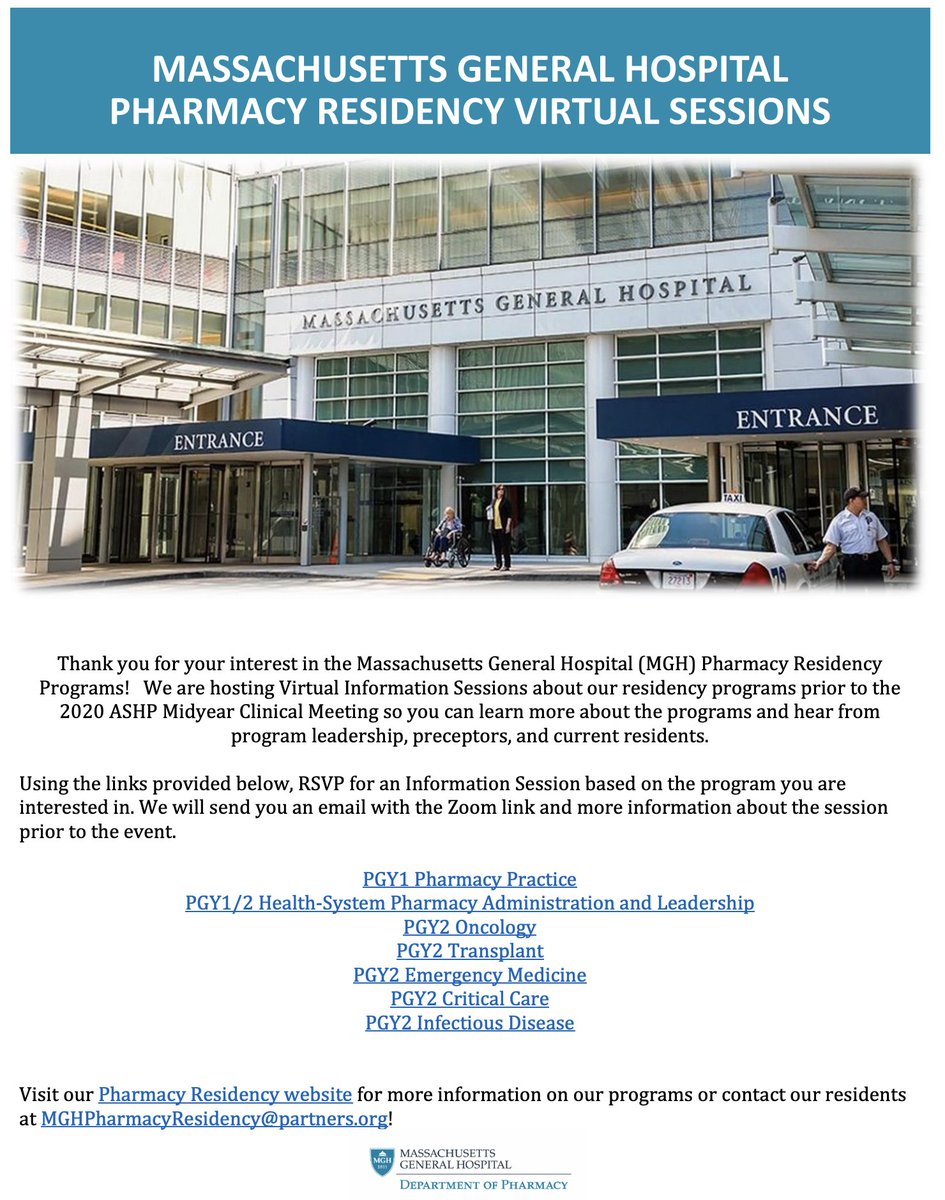 Bryan D Hayes PharmD (@pharmertoxguy) on Twitter photo Interested in an Emergency Medicine PGY-2 Pharmacy Residency at <a href="/MassGeneralNews/">MassGeneral News</a> for 2021-2022?
We are hosting a Virtual Information Session via Zoom on Tuesday, November 10th at 11:30am EST. Sign up on our residency site. massgeneral.org/education/phar… Interested in an Emergency Medicine PGY-2 Pharmacy Residency at <a href="/MassGeneralNews/">MassGeneral News</a> for 2021-2022?
We are hosting a Virtual Information Session via Zoom on Tuesday, November 10th at 11:30am EST. Sign up on our residency site. massgeneral.org/education/phar…
