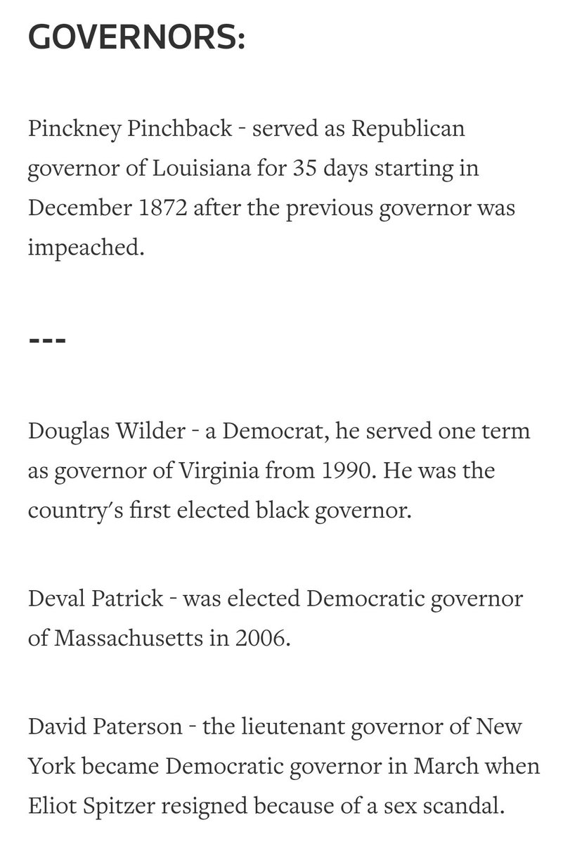 Let's talk state level. There are currently ZERO Black governors. We have only had 2 elected in history with an additional 2 succeeding an ousted governor. We have NEVER had a Black woman governor of any state.