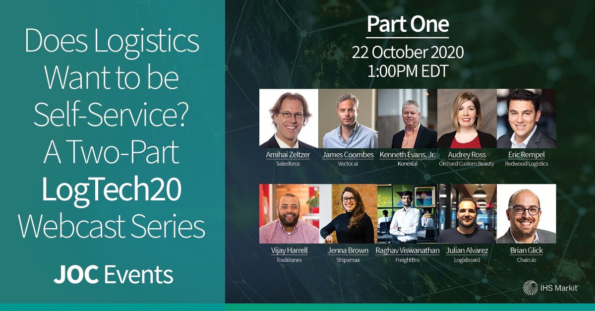 JOC_Events's tweet image. Part 1 of #Logtech20 is this Thursday! This two-part series will be the ideal place to learn about the latest #technology developments in the global #logistics industry. Register free now: ihsmark.it/Y5Gd50BWmgH