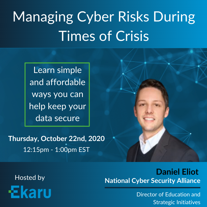 EkaruIT's tweet photo. #Cybersecurity - Very excited to have Dan Eliot join our Cybersecurity Month webinar this week!  Sign up at https://t.co/AqXrL7TJMj #BeCyberSmart https://t.co/mygXp7hRFP