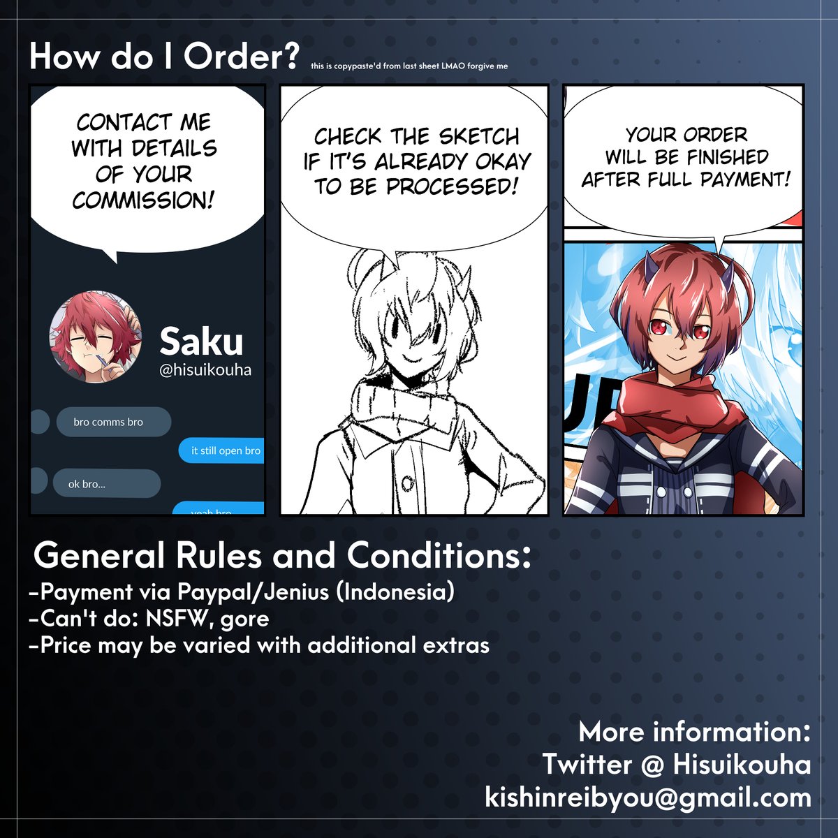 Hello, I'm opening commissions again this month!

I'm only opening 3 slots each this month because I had another deadline to be done! Boost and RTs are deeply appreciated, thank you~

You could also check my sample works at: 
https://t.co/4QoUz1VEIt

#CommissionsOpen 