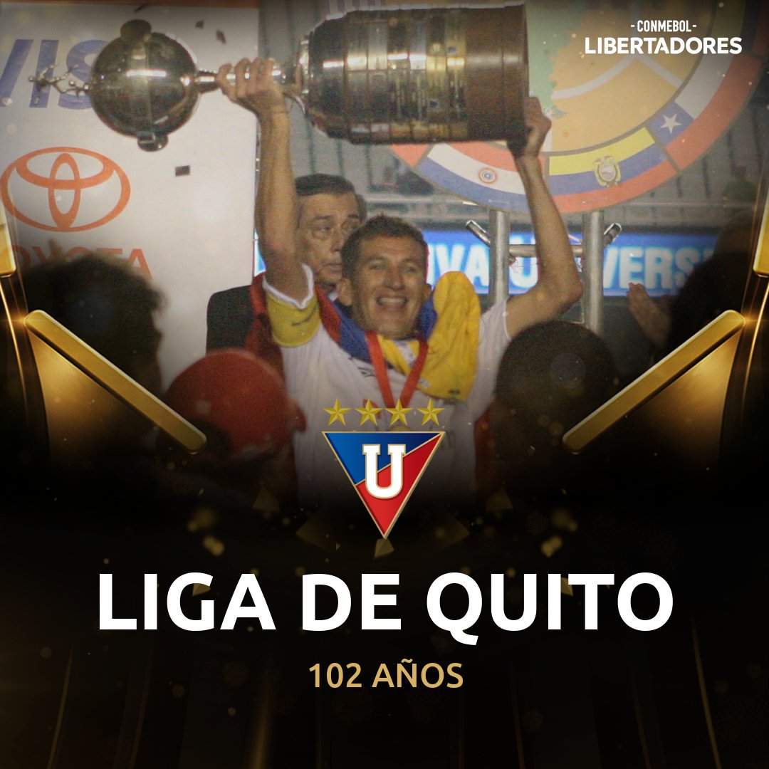Libertadores's tweet photo. 🎂🇪🇨 ¡Felices 1⃣0⃣2⃣ años, @LDU_Oficial! 

🏆 El campeón de la #Libertadores 2008 está de aniversario, mientras sigue soñando en la Copa 2020.

#GloriaEterna https://t.co/4nmuFRIbB9