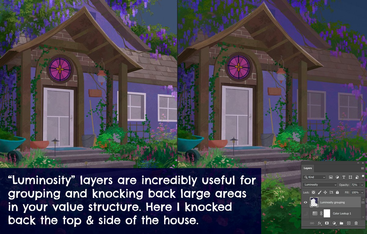 Now let’s get more into the nitty gritty of little hacks that can speed up the lighting/painting process. I try to work in LARGE groupings of light & shadows areas first, then slowly work down toward smaller details after the vibe has been established. Big statements first!