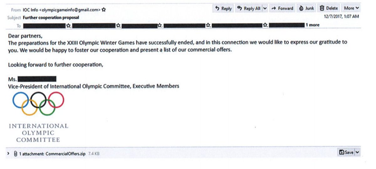 As Olympics officials were deliberating whether to allow Russia to compete in the 2018 Games, they — + sponsors + vendors — were receiving malicious messages like this one.
Full indictment, covering attempts to undermine sports, France, Ukraine + Georgia: https://t.co/p90FVQ59lc https://t.co/dUMmN9jT2F