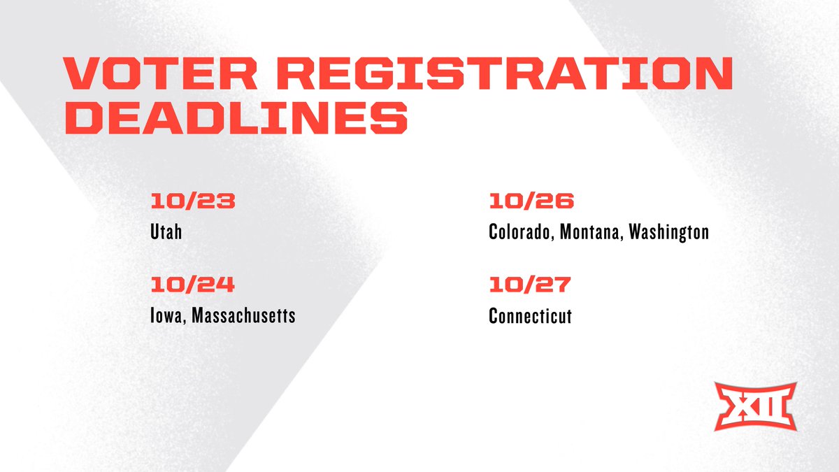 🚨 If you live in one of the states listed below, 𝘆𝗼𝘂 𝘀𝘁𝗶𝗹𝗹 𝗵𝗮𝘃𝗲 𝘁𝗶𝗺𝗲 to register to vote for the 2020 presidential election.

Your 𝘃𝗼𝗶𝗰𝗲 matters. 🗣️
Your 𝘃𝗼𝘁𝗲 matters. 🗳️

🔗 vote.gov | #Big12Votes