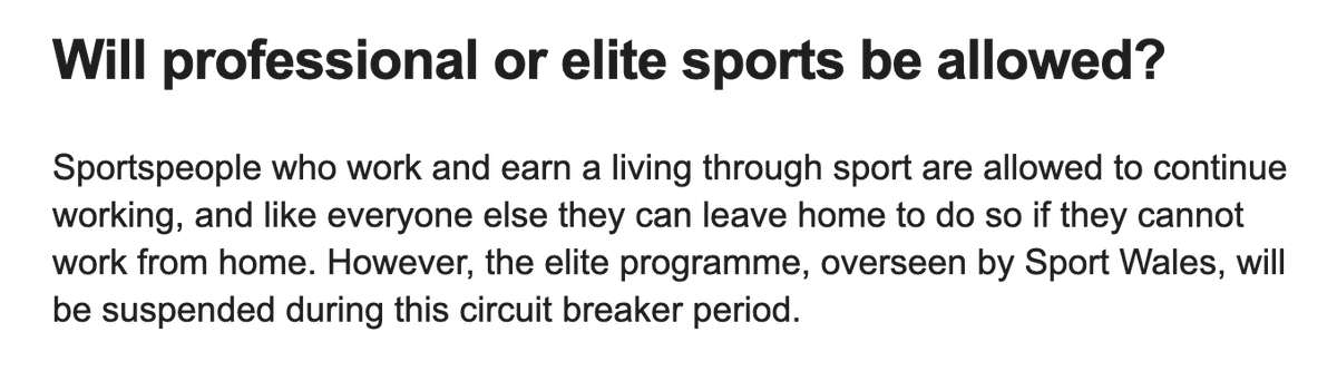 The guidance from  @WelshGovernment does allow athletes who earn a living through sport to continue...but at the same time the elite programme, overseen by  @sportwales, will be suspended for the 17-day period. /3