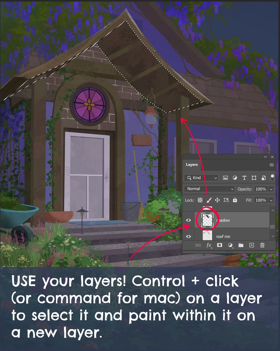 Now let’s get more into the nitty gritty of little hacks that can speed up the lighting/painting process. I try to work in LARGE groupings of light & shadows areas first, then slowly work down toward smaller details after the vibe has been established. Big statements first!