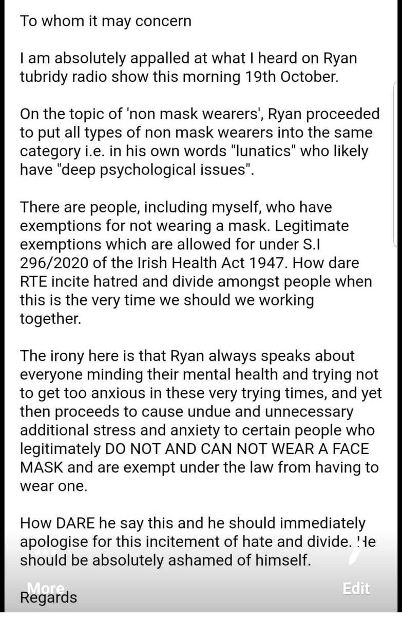 A lady, (name removed) sent me her complaint that she sent to RTE regarding Ryan Tubridy's hurtful statements today on radio.  Well done her, perhaps we should all follow.