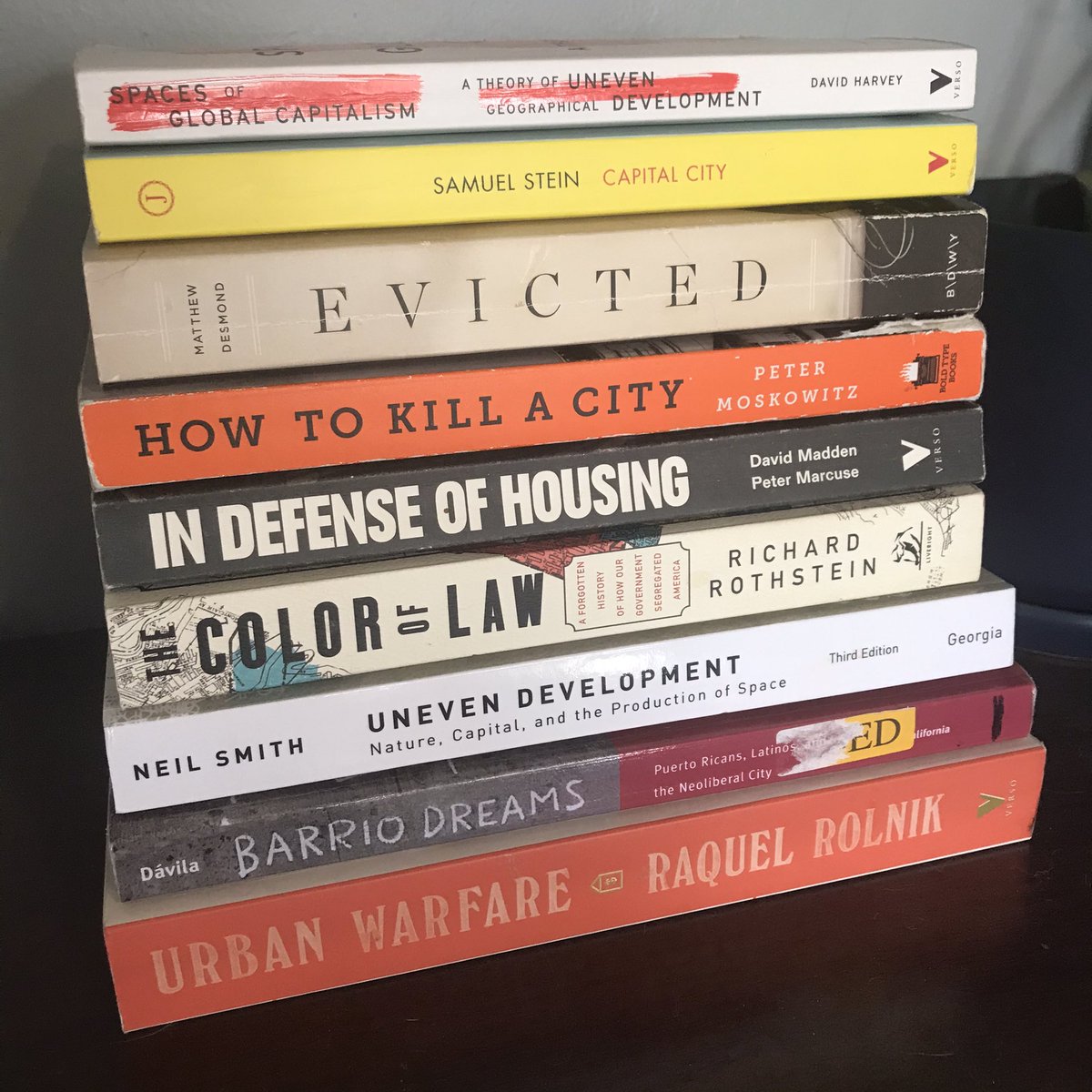 a lot of folks have been asking for resources about housing theory since the  #ATUNConvention so i thought i would post my housing/planning books! highly recommend these for anyone interested in learning about gentrification and other urban development processes: