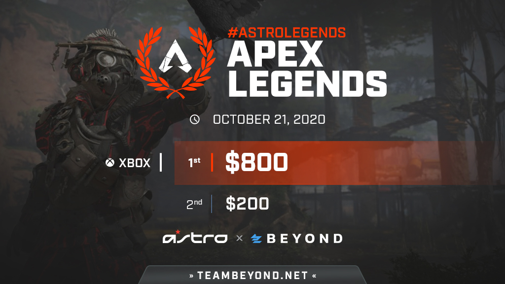 PlayBeyond's tweet photo. Signups are now open for this week's #ASTROLegends 1v1 Tournament!

⚔️ @PlayApex 1v1
🎮 Xbox One
💰 $1,000 Prize Pool
🏆 Free to Enter

Register and compete at https://t.co/pupg4immdD https://t.co/8XbMCQlqkW